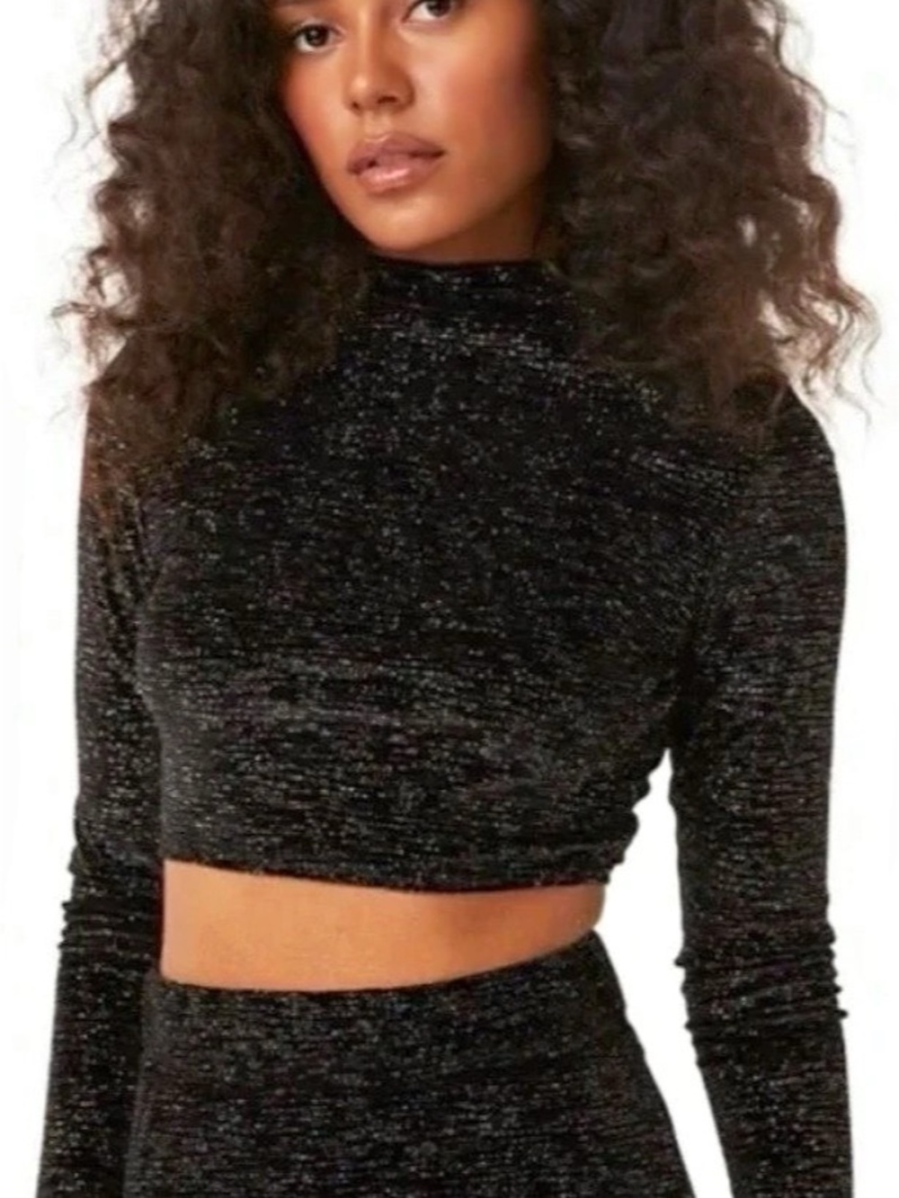 MISA Los Angeles Metallic Long Sleeve Crop Top in Black & Silver Size Medium